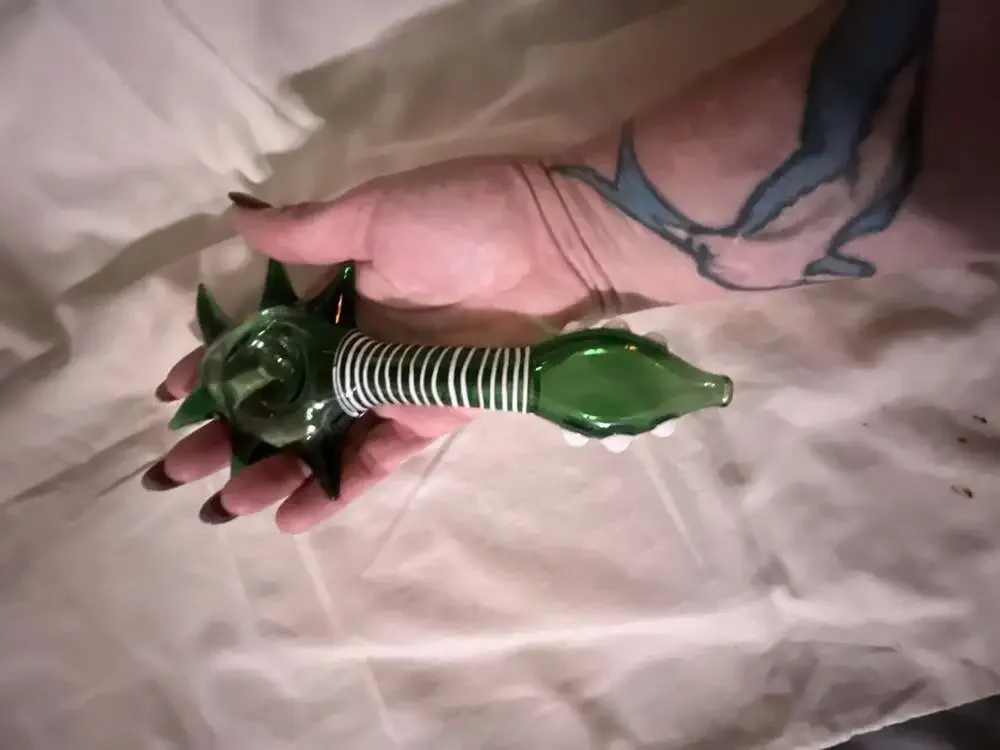 Art Glass Handblown Spiked Green Piece White Striped Stem